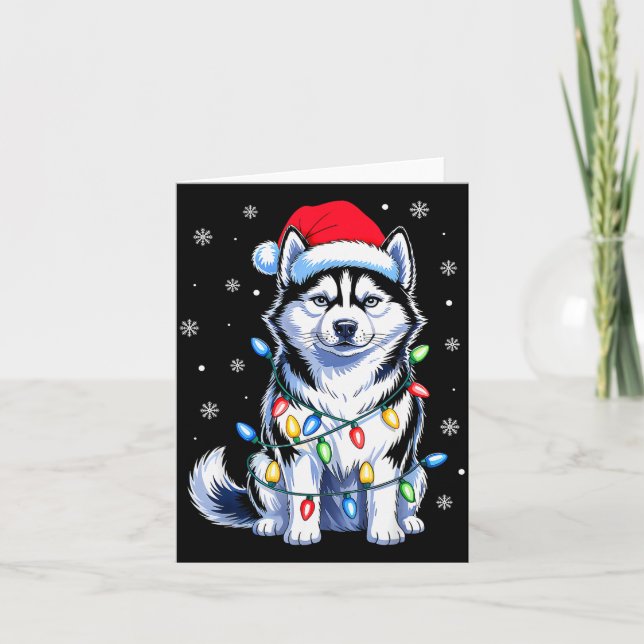 Husky Dog Christmas Lights Santa Hat Family Xmas P Card (Front)