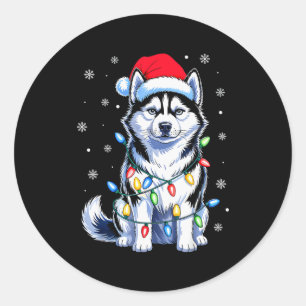 Husky Dog Christmas Lights Santa Hat Family Xmas P Classic Round Sticker