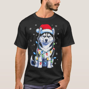 Husky Dog Christmas Lights Santa Hat Family Xmas P T-Shirt