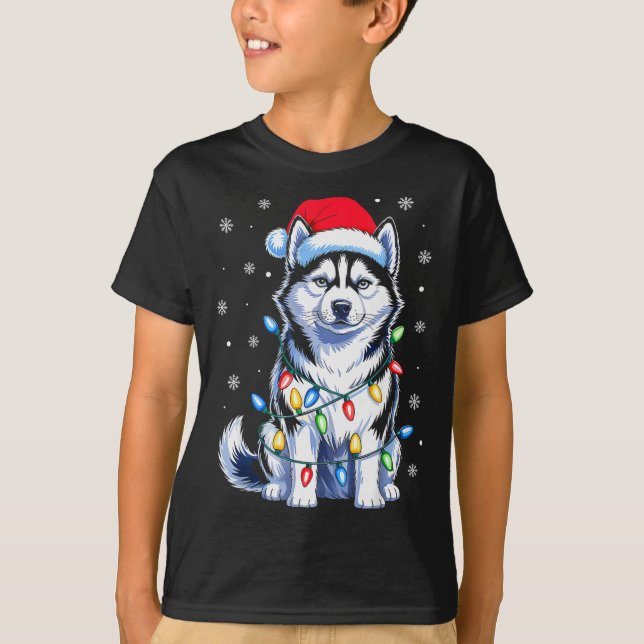 Husky Dog Christmas Lights Santa Hat Family Xmas P T-Shirt (Front)