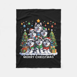 Husky Dog Christmas Tree Merry Christmas Matching  Fleece Blanket