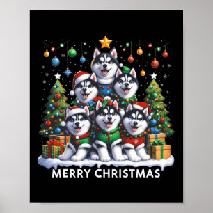Husky Dog Christmas Tree Merry Christmas Matching  Poster