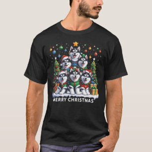 Husky Dog Christmas Tree Merry Christmas Matching  T-Shirt