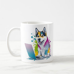 Husky Dog Computer Rainbow Watercolor Tech Savvy Coffee Mug