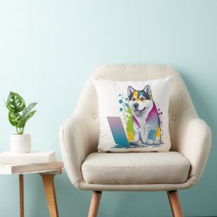 Husky Dog Computer Rainbow Watercolor Tech Savvy Cushion