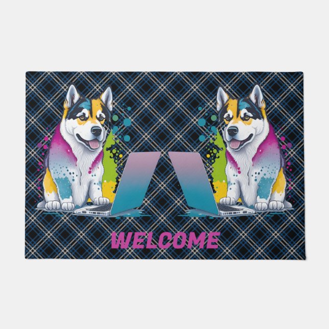 Husky Dog Computer Rainbow Watercolor Tech Savvy Doormat (Front)