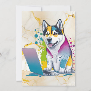 Husky Dog Computer Rainbow Watercolor Tech Savvy Holiday Card