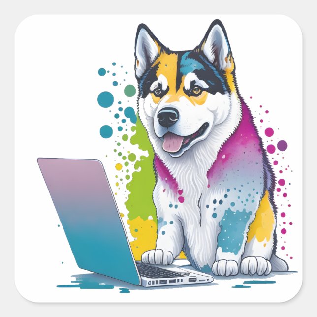 Husky Dog Computer Rainbow Watercolor Tech Savvy Square Sticker (Front)