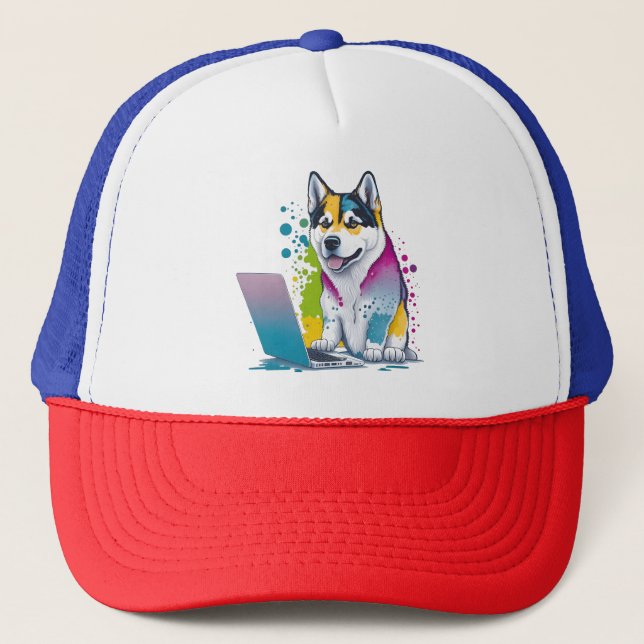 Husky Dog Computer Rainbow Watercolor Tech Savvy Trucker Hat (Front)