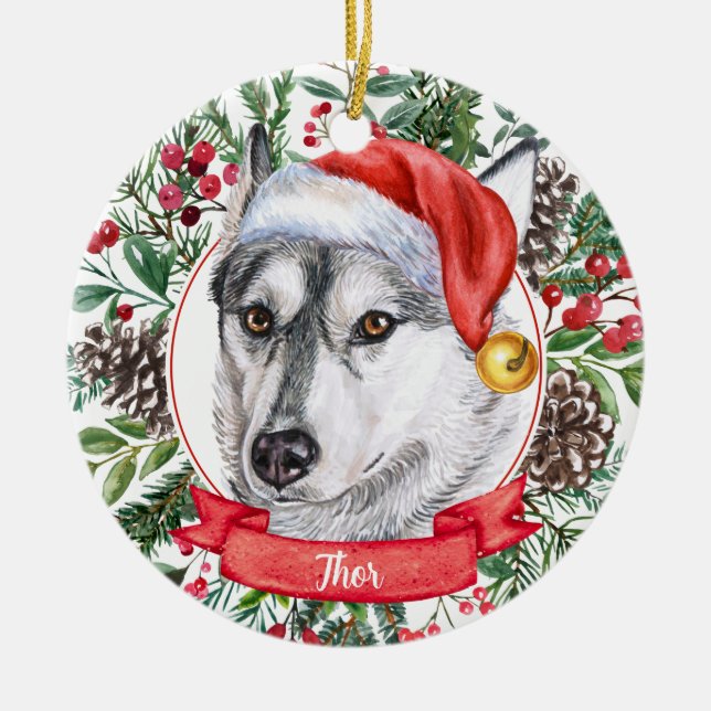 Husky Dog Custom Santa Hat Christmas Ornament (Front)