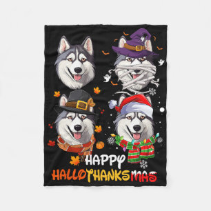 Husky Dog Hallothanksmas Halloween Thanksgiving Xm Fleece Blanket