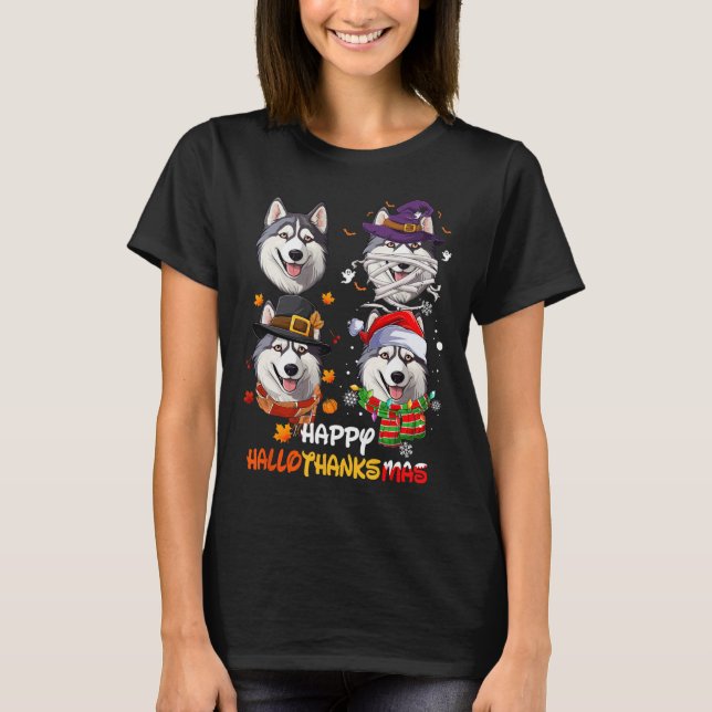 Husky Dog Hallothanksmas Halloween Thanksgiving Xm T-Shirt (Front)