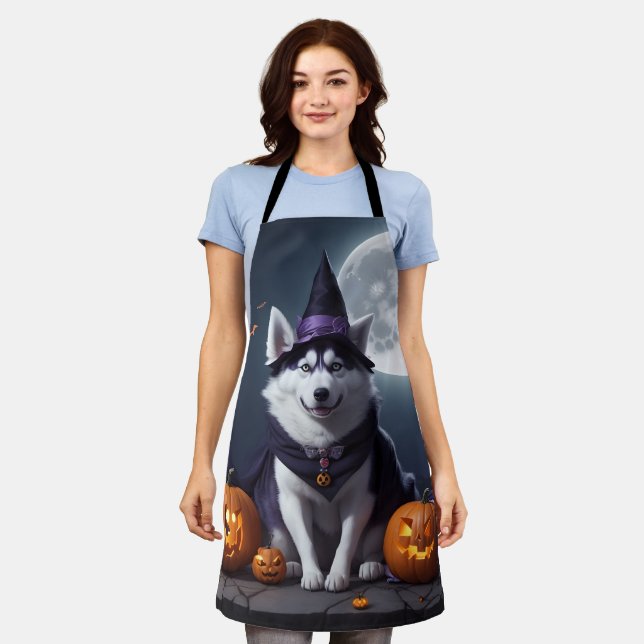 Husky Dog Halloween Adventure Moonlit Magic Spooky Apron (Worn)
