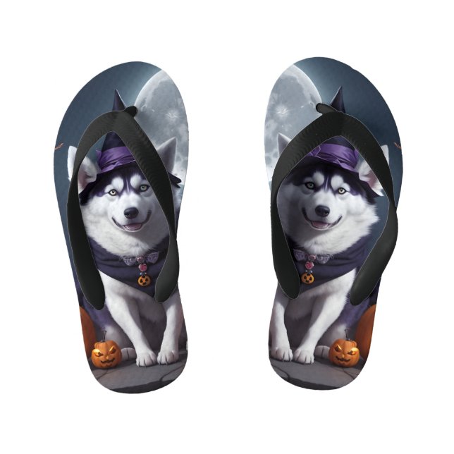 Husky Dog Halloween Adventure Moonlit Magic Spooky Kid's Flip Flops (Footbed)