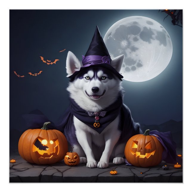 Husky Dog Halloween Adventure Moonlit Magic Spooky Poster (Front)
