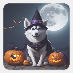 Husky Dog Halloween Adventure Moonlit Magic Spooky Square Sticker