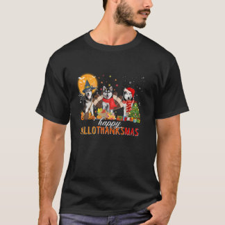 Husky Dog Halloween Thanksgiving Happy Hallothanks T-Shirt