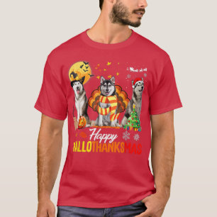 Husky Dog Happy Hallothanksmas Halloween Thanksgiv T-Shirt