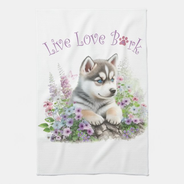 Husky Dog Mum Floral Tea Towel (Vertical)