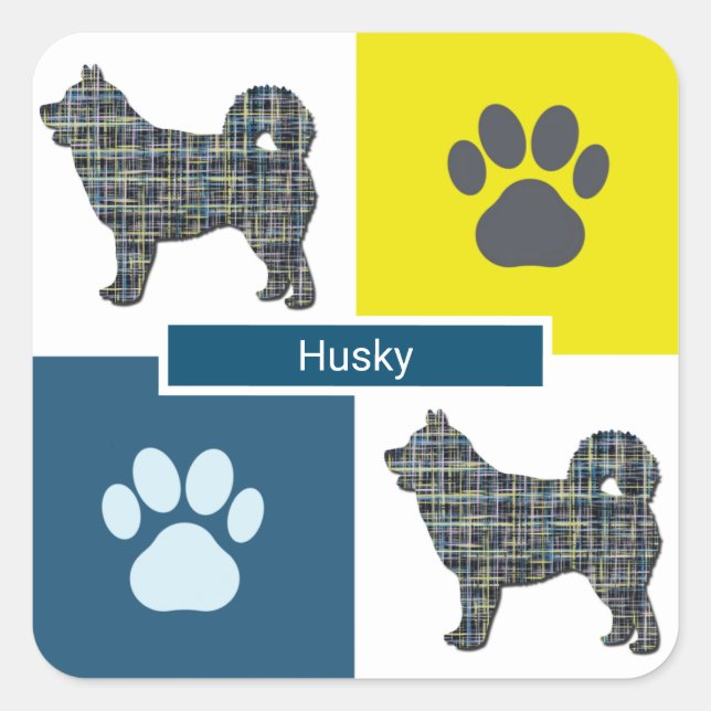 Husky Dog & Paw Y&B Grid Square Sticker (Front)