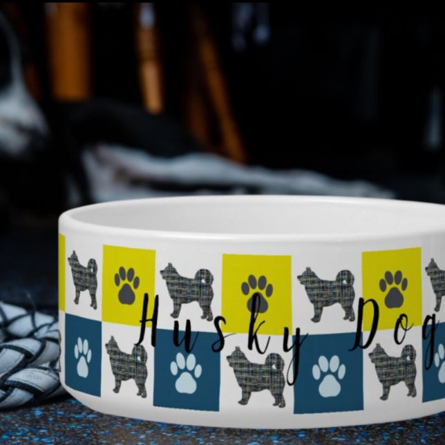 Husky Dog & Paw Yellow & Blue Cute Dog Bowl (Husky Personalised Dog Bowl)