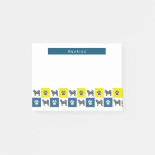 Husky Dog & Paw Yellow & Blue Grid Silhouette Post-it Notes