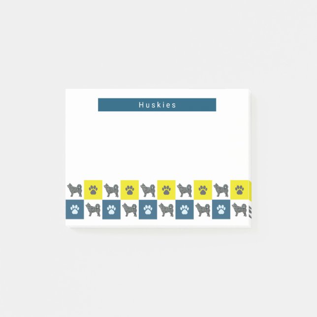 Husky Dog & Paw Yellow & Blue Grid Silhouette Post-it Notes (Front)