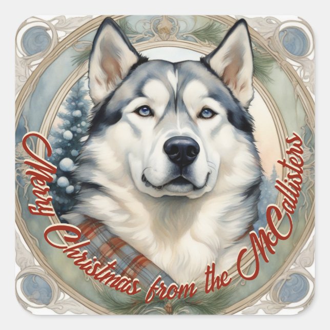 Husky Dog Personalised Christmas Card Sticker Seal (Front)