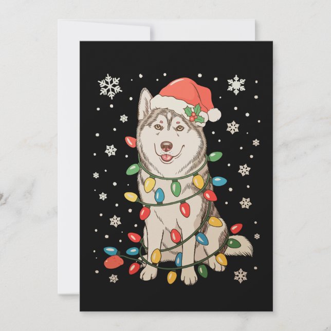 Husky Dog Santa Hat Christmas Tree Lights Xmas Invitation (Front)