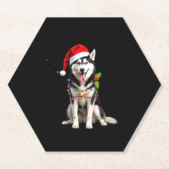 Husky Dog Santa Hat Christmas Tree Xmas Gifts For  Paper Coaster (Front)