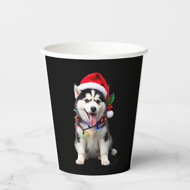 Husky Dog Santa Hat Christmas Tree Xmas Gifts For  Paper Cups (Front)