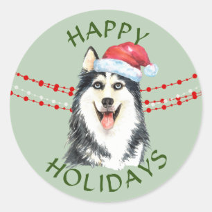 Husky Dog Santa Hat Happy Holidays Classic Round Sticker