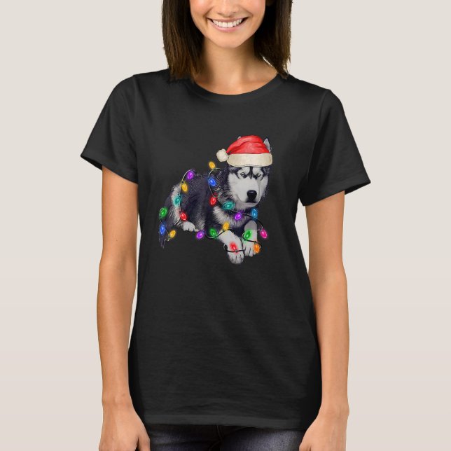 Husky Dog Santa Hat Merry Beautiful Christmas Tree T-Shirt (Front)