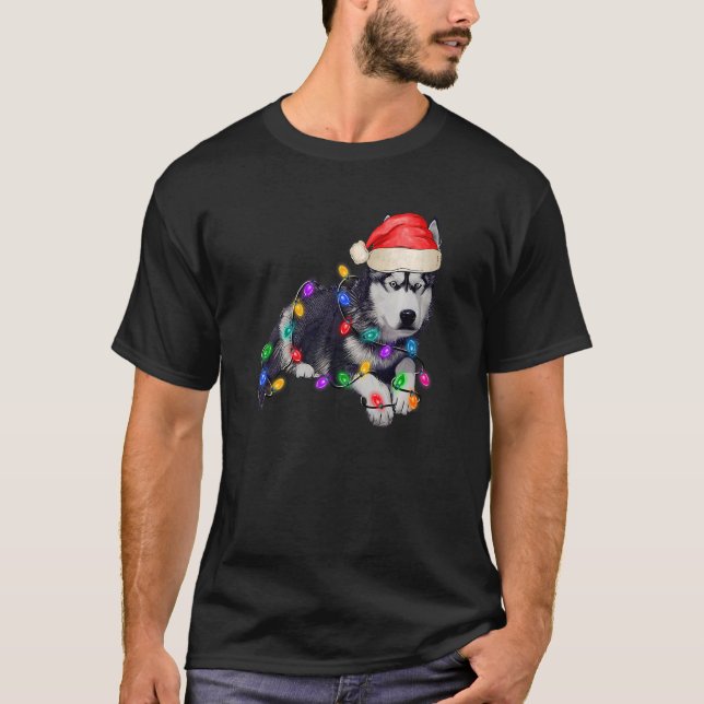 Husky Dog Santa Hat Merry Beautiful Christmas Tree T-Shirt (Front)