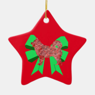 Husky Dog Silhouette Red & Green Bow Christmas Ceramic Tree Decoration