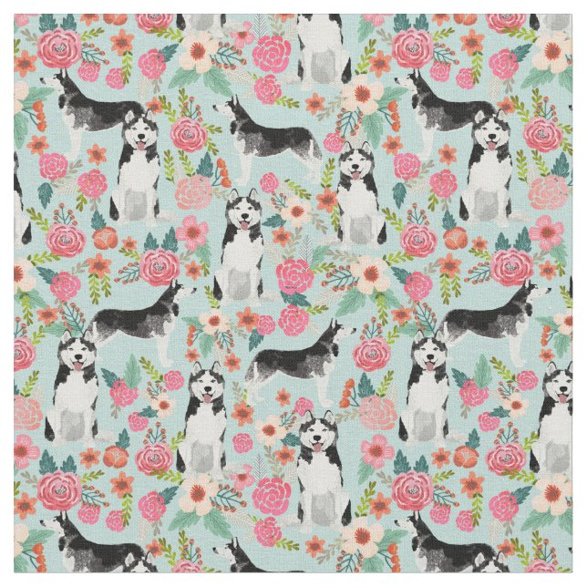 Husky dog vintage florals light blue fabric (Close Up)
