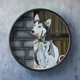 Husky Dog White Dragon Adventure Clock