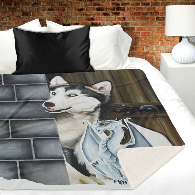 Husky Dog White Dragon Adventure Sherpa Blanket (Creator Uploaded)