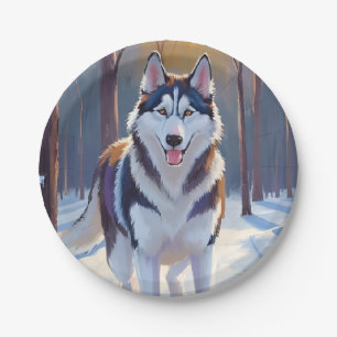 Husky Dog Winter Watercolor Pet Painting Paper Plate