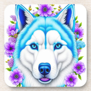 Husky Dog with Blue Eyes and Flowers  Coaster