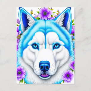 Husky Dog with Blue Eyes and Flowers   Postcard
