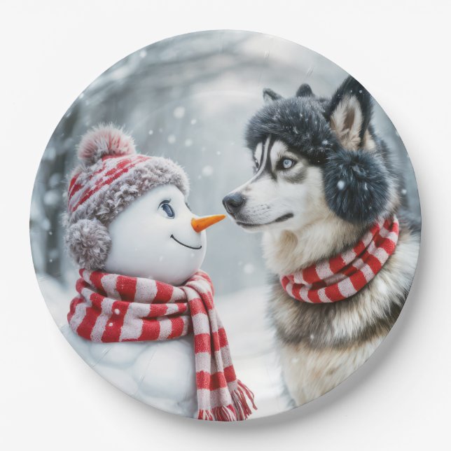 Husky Dog With Snowman Paper Plate (Front)