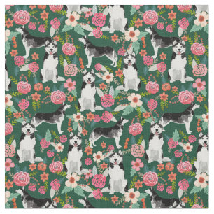 Husky dogs vintage florals green fabric