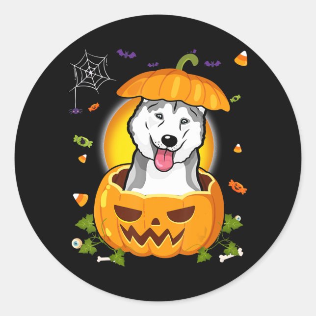 Husky Gift | Halloween Dog Witch Pumpkin Husky Classic Round Sticker (Front)