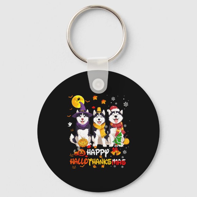 Husky Happy Hallothanksmas Dog Lover Christmas  Key Ring (Front)