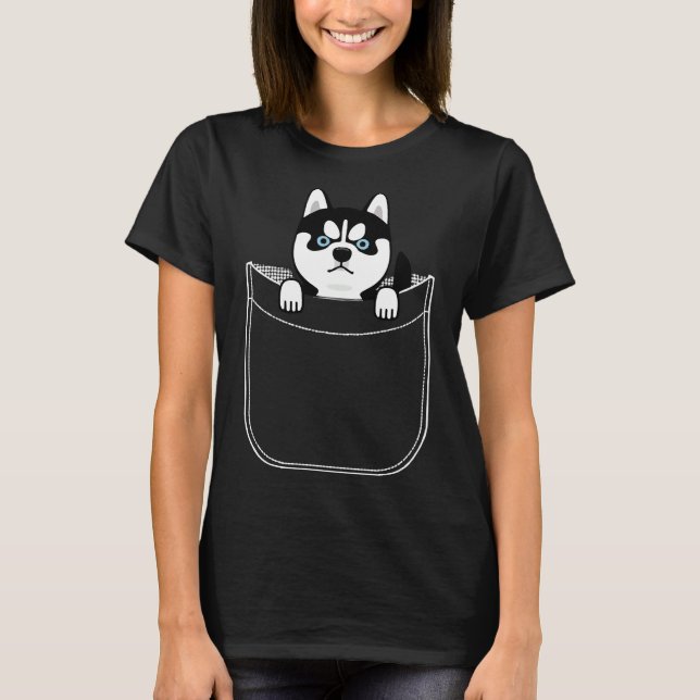 Husky In Pocket Funny Cute Puppy Expression T-Shirt (Front)
