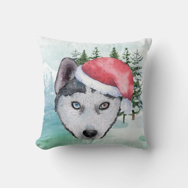 Husky in Santa Cap Cushion (Front)