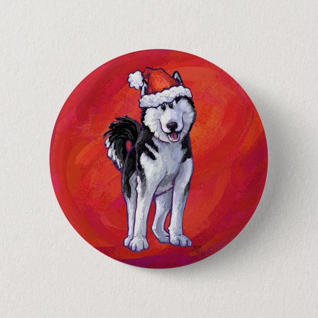 Husky in Santa Hat On Red 6 Cm Round Badge (Front)