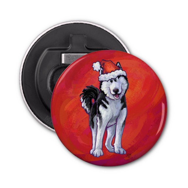 Husky in Santa Hat On Red Bottle Opener (Front)