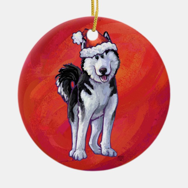 Husky in Santa Hat On Red Ceramic Tree Decoration (Front)